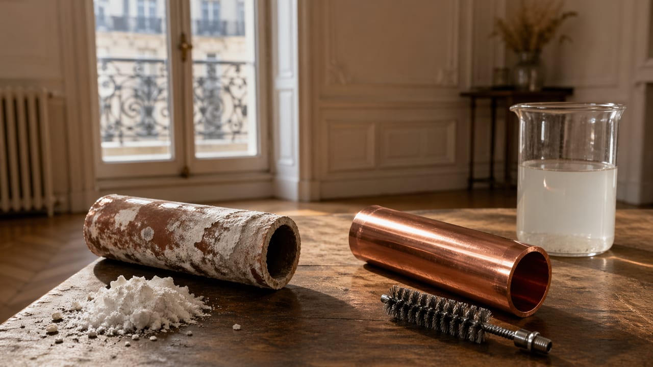 Illustration de deux morceaux de tuyau, l'un couvert de dépôts blancs et l'autre en cuivre propre, avec une brosse et du calcaire sur la table.