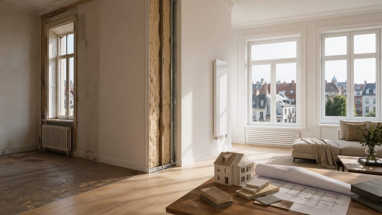 Illustration d'un logement en rénovation, avec une zone de travaux, un salon aménagé, des radiateurs et une table portant plans et maquette.