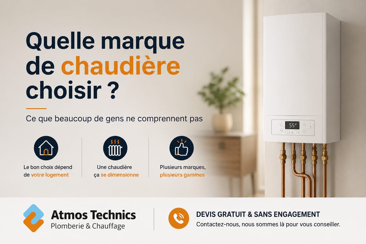 Affiche « Quelle marque de chaudière choisir ? » : logement, dimensionnement et gammes, avec une chaudière murale et le logo Atmos Technics.