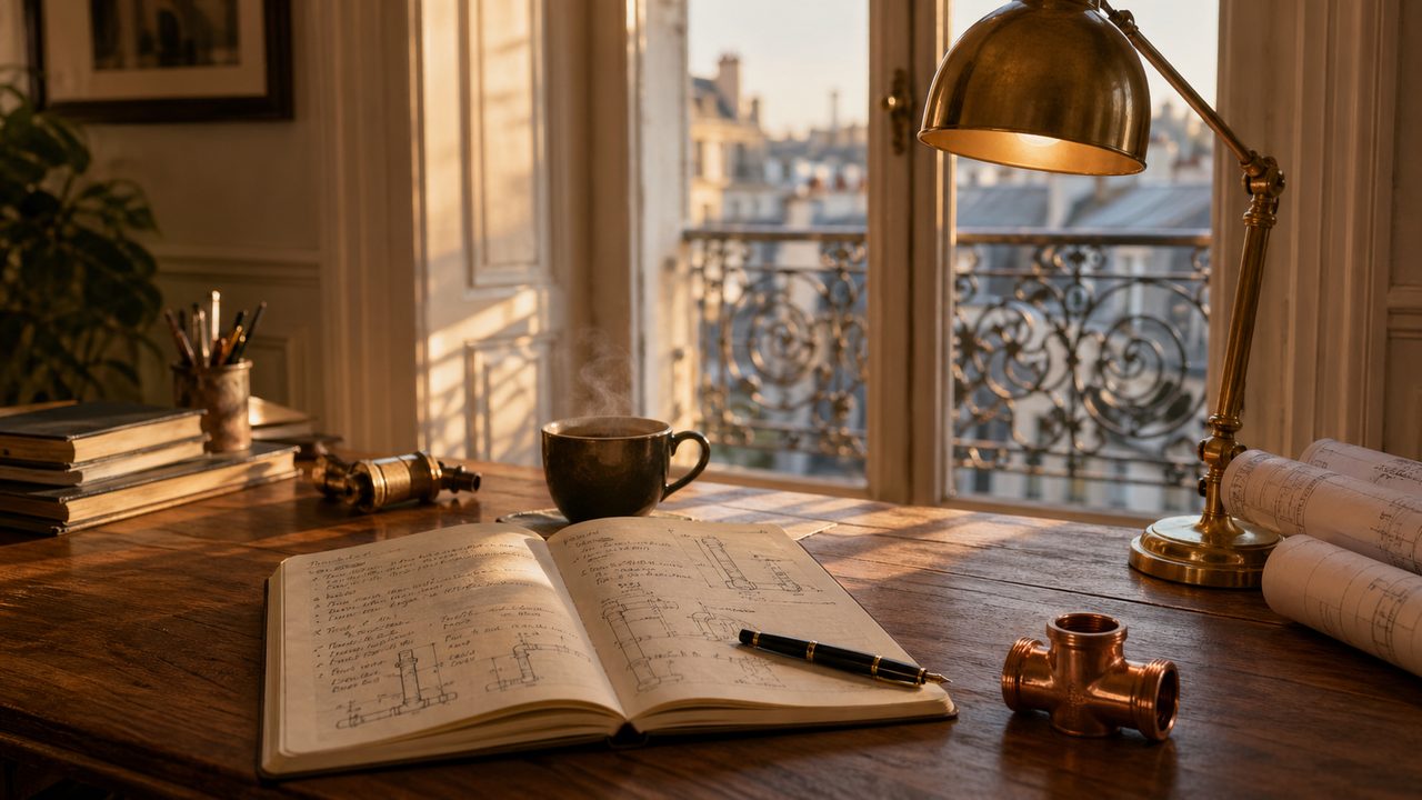 Carnet de notes techniques, plans et raccords en cuivre dans l’atelier éditorial Atmos Technics