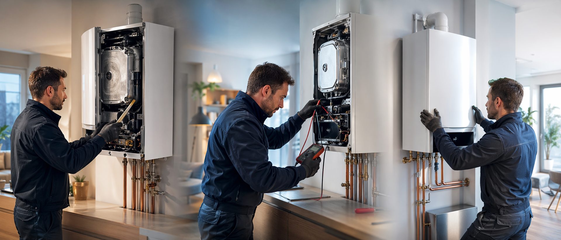 Chaudière murale gaz à condensation installée par Atmos Technics dans une cuisine bruxelloise