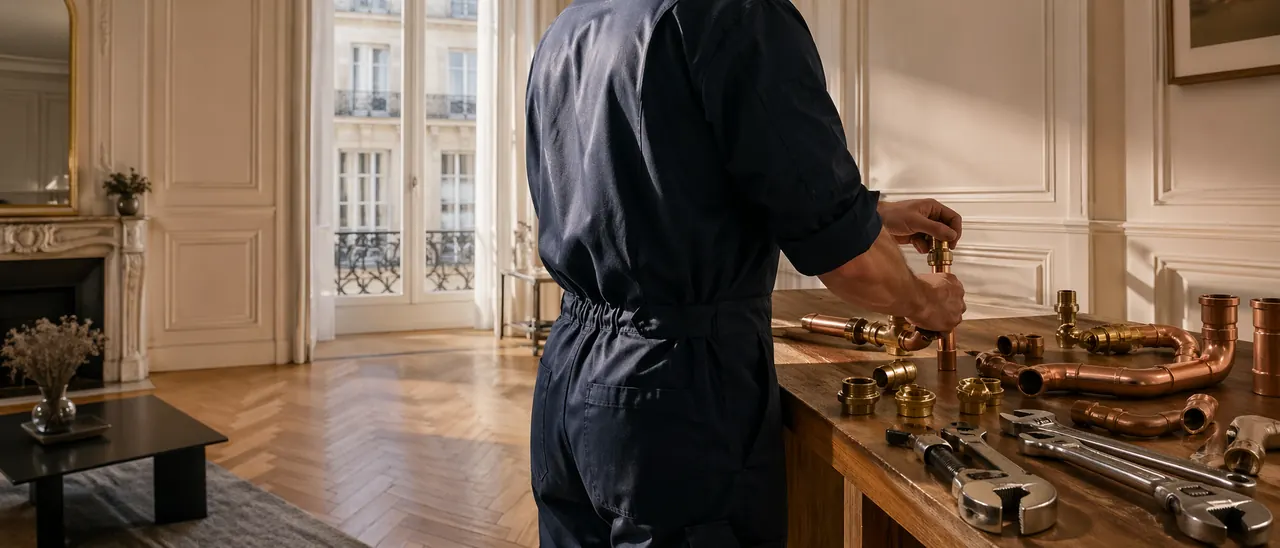 Illustration d’une intervention de plomberie et de la préparation de raccordements en cuivre