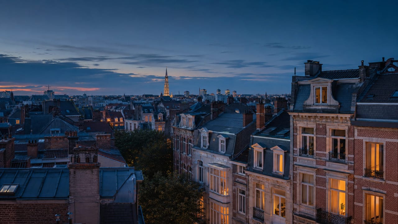 Vue illustrative de toitures et de maisons bruxelloises à l’heure bleue, aux fenêtres chaleureusement éclairées.
