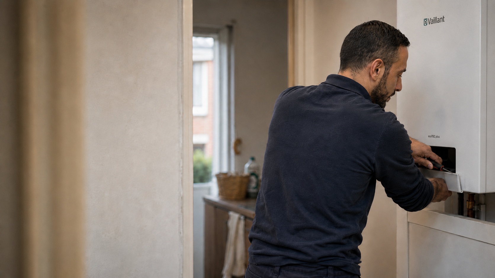 Nima Defaee intervient sur une chaudière Vaillant ecoTEC plus dans un logement bruxellois