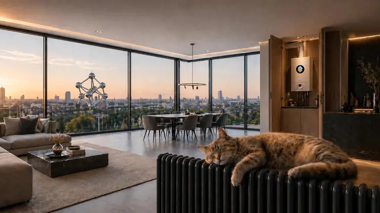Intérieur moderne à Bruxelles avec vue sur l'Atomium et chaudière De Dietrich · Atmos Technics
